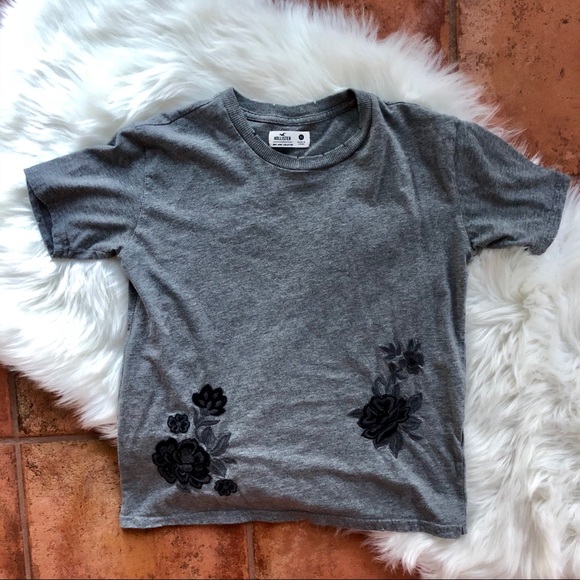Hollister Tops - Hollister Embroidered Floral Grey Distressed Tee